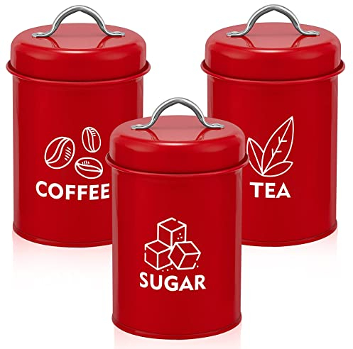 Onader Tea Coffee Sugar Canisters Set of 3, Metal Storage Containers Jars with Lids for Kitchen Farmhouse, Perfect for Storing Food, Biscuit, Flour, Cakes, Spice or Beans, Vintage Design, Red