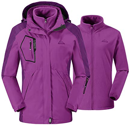 donhobo Damen 3-in-1 Jacke Fleecejacke wasserdichte Winddichte Skijacke Winterjacke Wanderjacke Softshelljacke Regenjacke mit Kapuze Lila XXL