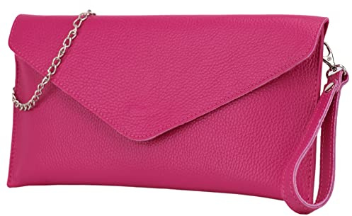 SH Leder Echtleder Clutch Umhängetasche kleine Tasche elegant Abendtasche in genarbt Rindleder mit Tragkette 31,5x16,5cm Saya G369 (Pink)