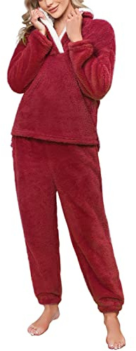 Niwicee Womens Pyjamas Warm Fleece Pyjamas Set Winter Soft Ladies 2 Piece Nightwear Loungewear Set Longsleeve Top and Thermal Bottoms Pjs Sleepwear with Pocket S-XXL(Wine red,XXL)