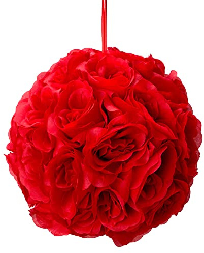 Elite Floral Round Silk Pomander Rose Kissing Ball – Rose Ball Decoration with Satin Ribbon for Hanging Wedding Decor and Centerpieces – 10” Diameter x 12” Loop Satin Rope - Red