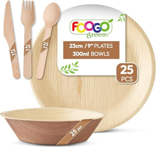 FOOGO Green 125pcs Disposable Palm Leaf Plates, Bowls and Wooden Cutlery Set, FSC® Certified, 25x Large Round Plates, 25x Bowls, 25xForks, 25xKnives, 25x Spoons, Strong Eco Friendly Party