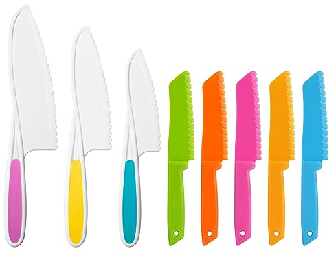 NANXJIUR Lot de 8 couteaux de cuisine en plastique et nylon pour enfants - Couteaux de cuisine à bords dentelés - Réutilisables - Avec coupe-fruits