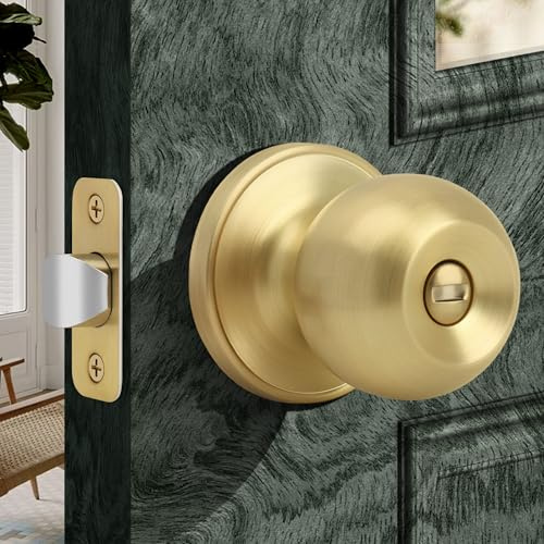 Moquin Pomello rotondo per porta in oro spazzolato, senza chiave, pomello per porta interna, manopola con chiusura a pollice per camera da letto e bagno, finitura in ottone satinato