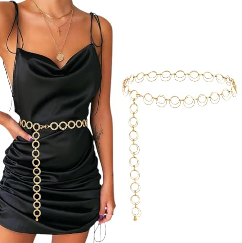 QEXUJOW Cinturón de Metal para Mujer con Cadena de Cintura y Cristal, Ajustable (Dorado)
