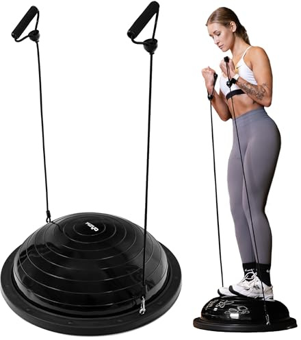 FIZYO Balance Trainer Mezza Sfera Ø 58 cm – Palla da Equilibrio Antiscivolo con Bande di Resistenza & Pompa per Allenamento Core, Yoga, Pilates, Fitness, Fisioterapia & Riabilitazione (Nero)