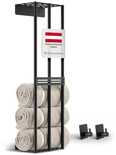 ProfoundGear Handtuchhalter Wand ohne Bohren (schwarz, 72,5 cm hoch) - Handtuchregal Wandmontage selbstklebend & hängend - Wandregal Badezimmer Metall für kleine & große Handtücher - Bad Towel Holder