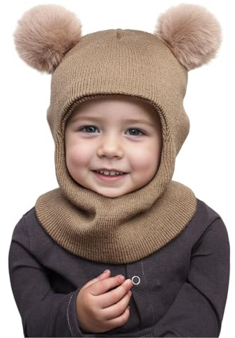 DRESHOW Cappello Passamontagna Bambino Inverno Bambini Cappello Invernali Calda Cappuccio con Morbido a Maglia Sciarpa con Pompom per Bambini Ragazzi Ragazze 1-6 Anni