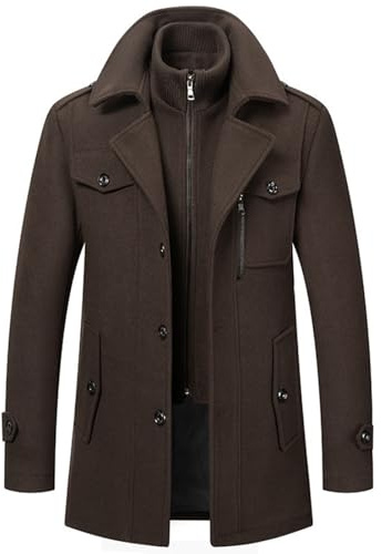 SUIUOI Manteau en laine pour homme - Manteau long pour homme - Manteau d'hiver en laine avec revers - Chaud - Pour affaires - Loisirs - Manteau en cachemire - Veste d'hiver - Loisirs - Peacoat, marron