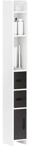 kleankin Armario Alto de Baño Columna de Baño con 3 Puertas 3 Estantes Abiertos y Sistema Antivuelco Armario de Baño Estilo Moderno 15x17x120 cm Blanco y Negro