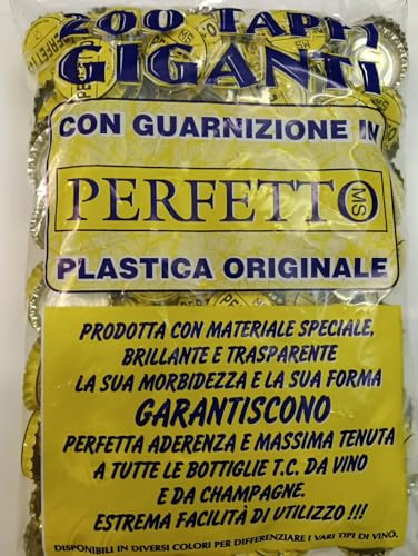 Tappi a Corona 29 mm per Vino - con Sottotappo Bidule | Chiusura Ermetica - Sicura | per Bottiglie di Vino - Birra - Succhi | Tappi Bottiglie Vino Resistenti | 200 Pezzi - Colorazione Giallo
