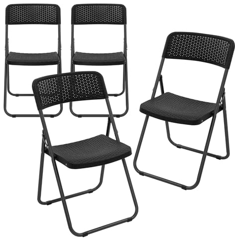 ECD Germany Lot de 4 Chaises de Terrasse Pliantes, Aspect Rotin, Noir, Structure Métallique Robuste, Supporte Jusqu’à 200 kg, Résistantes aux UV et Intempéries, Peu Encombrantes, de Jardin Camping