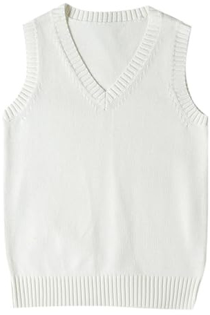 2025 - Chaleco de punto con cuello en V estilo preppy para adolescentes y niñas, estilo casual, suéter para hombre grande y alto, blanco, M