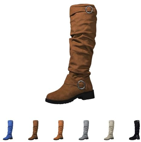 Cowboystövlar dam hög mocka – knähöga stövlar dam platå västerländska stövlar med spänne lång skaft slip-stövlar retro ridstövlar blockklack profilsula vinterstövlar, BRUN, 40 EU