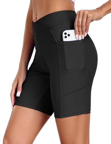 Ekouaer Bañador Corto para Mujer de Cintura Alta con Bolsillos para Surf | cintura cruzada en v, secado rápido, forro integrado, contrae el abdomen, protección solar, nadar, buceo & playa