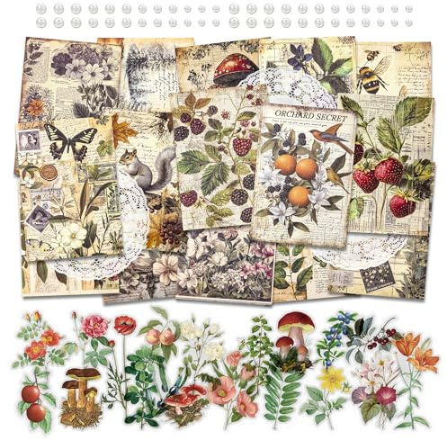Mayplous Vintage Scrapbook Set med 40 Dekorpapper och 79 Transparenta PET Stickers, Blommigt Botaniskt Tema för Journal, Planner, Kort och DIY (Glad)