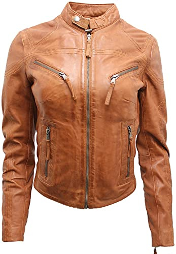 Women's Classic Tan Real Leather Biker Moto Fashion Slim Fit Jacket M
