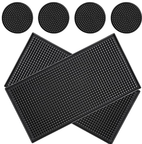 Tappetino da Bar, 30 x 15cm Bar Service Mat, Cuscinetto di gomma nero, Può Essere Utilizzato in Cucina Ristoranti e Bar (Confezione da 2) con 4 sottobicchieri