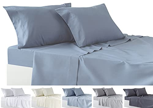Todocama – Juego de Sábanas de 4 Piezas – Sábana Bajera Ajustable – Encimera - Dos Fundas de Almohada de 50x80cm. (Cama 150-150x190/200 cm, Azul grisaceo)