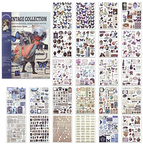 NOGAMOGA Vintage Scrapbooking Zubehör Washi Aufkleber Junk Journal Ephemera Buch, Satz von 24 Blättern, 17 cm × 24 cm - Blau