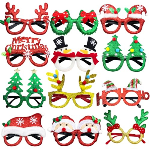 JoFAN 12 Pack Christmas Glasses Glitter Glasses Frames Costume Accessories for Christmas Decorations Party Favors Stocking Stuffers Party Supplies