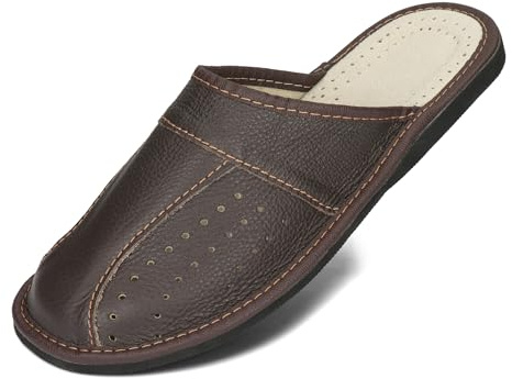 BeComfy Pantoufles Hommes Chaussons Cuir Véritable Mules Maison Noir Marron 40-50 EU (Marron foncé, Système Taille Chaussures EU, Adulte, Numérique, Moyen, 42)