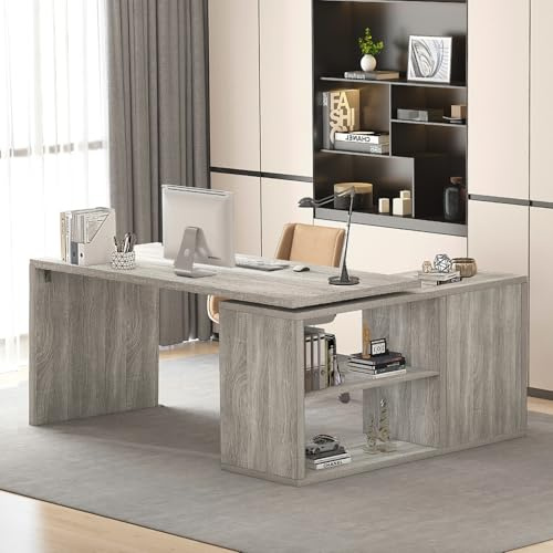 HSH Bureau Blanc en Forme de L avec étagère Bureau Moderne réversible pour Bureau à Domicile Bureau d'ordinateur en Forme de L avec tiroir d'armoire de Rangement Gris 140 cm