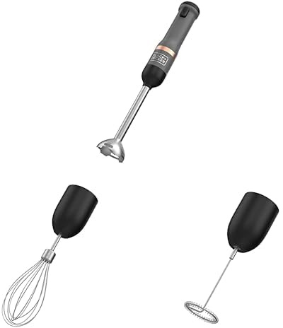 Bundle of Black+Decker Kitchen Wand Akku-Stabmixer BCKM1011KGF (7.2 Volt, kabelloser Pürierstab) + Black+Decker Kitchen Wand Schneebesen-Aufsatz BCKM101WHFF+Kitchen Wand Milchaufschäumer-Aufsatz