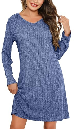 Lovasy Chemise de Nuit Femme Manche Longue Robe de Nuit en Tricot Côtelé | Chaud Vêtement de Nuit avec Col en V Nuisette Douce S-XXL