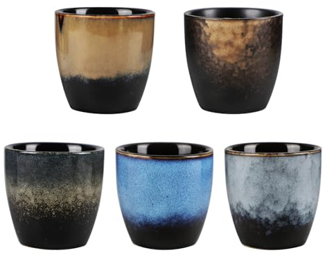 Xnqelerate Juego de 5 tazas de té japonesas, tazas de té chinas, tazas de café de porcelana, esmaltadas al horno, tazas de cerámica esmaltadas a la llama, pequeñas sin asa, diseño para café y té