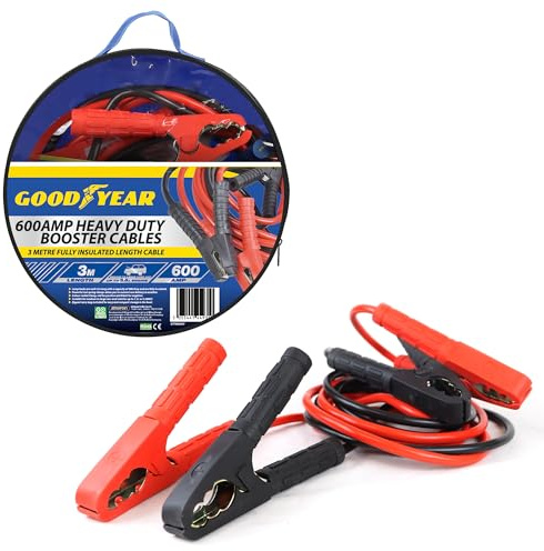 Goodyear 3m 600amp Booster Cables - Jump Leads Long| Powerful Coil Spring Clamps| Colour-coded Clamp| Zipped Carry Bag Included| Fully Insulated Length Cable| Suitable For Cars And Vehicles 3500CC