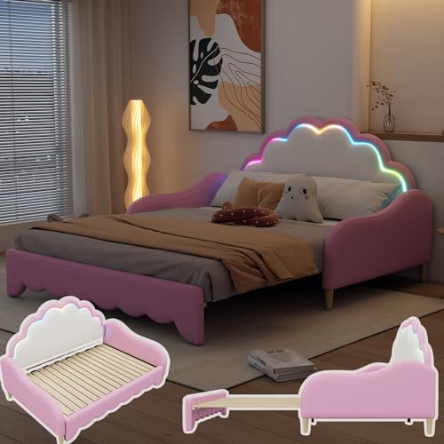 VRYGLEN PU-Tagesbett,Cloud-Kopfteil-Sofabett, Rosa ausziehbares Bett auf gleicher höhe 140x200,mit Umgebungslicht+Fernbedienung flächige Bett Schlafzimmer/Studioliege Möbel (Ohne Matratze Rosa)