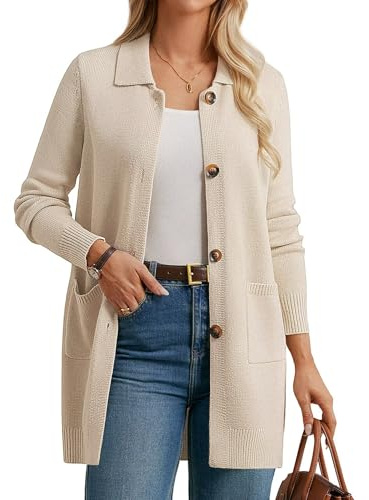 GRACE KARIN Fall Jackets for Women, Knit Open Front Button Up Long Cardigan Sweater, Business Casual Sweater Blazer Apricot