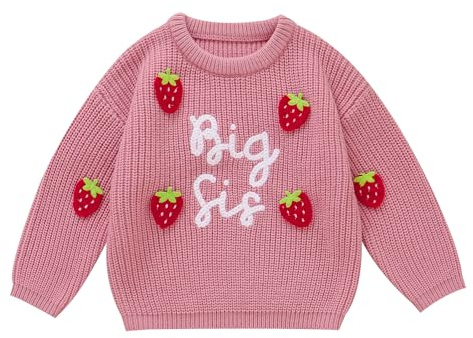 Winmany Baby flicka stickad tröja småbarn jordgubbe storssyster tryck pullover sweatshirt höst vinter långärmad varm jumper topp