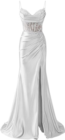 Mifeiwukawa, abito da sera da donna, con spalline sottili, in pizzo di raso con applicazioni, stile sirena, con spacco, scollo a V, lungo, abito formale da festa, bianco, 38 EU