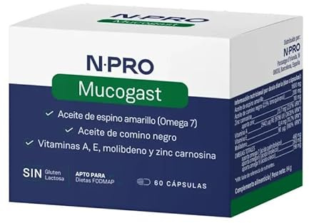 NPro SALUD INTESTINAL Mucogast 60 Perlas – Suplemento con Aceite de Espino Amarillo Omega 7, Comino Negro, Zinc y Carnosina – Protección y Cuidado de la Mucosa Gástrica