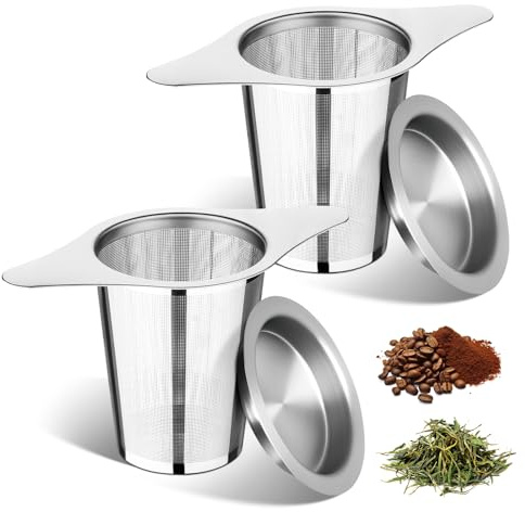 FrutPunch Loose Leaf Tea Infuser with Lid Set of 2, Ultra-Fine Mesh Tea Strainer, Large Capacity, Double Handles, Can be Hung on Teapot, Cup, Gift for Tea Lovers