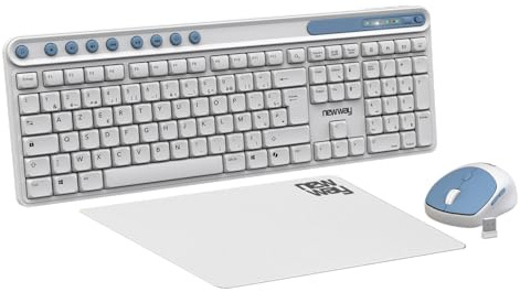 NEWWAY NKMP252 - Teclado inalámbrico de 2,4 GHz, AI Copilot – AZERTY francés – Golpe silencioso, 14 teclas multimedia, ratón ligero con 6 botones, alfombrilla de ratón incluida, larga duración (blanco