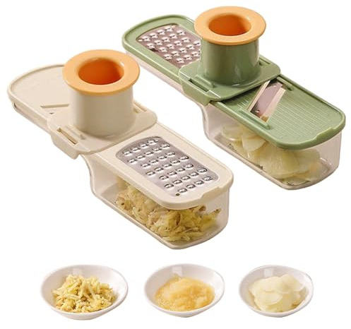 Rebanador de ajo súper fino, 2 rebanadores de ajo, molinillo multifuncional 3 en 1 con protector de mano y recipiente, fácil de usar y limpiar para cocina, cebolla, fino