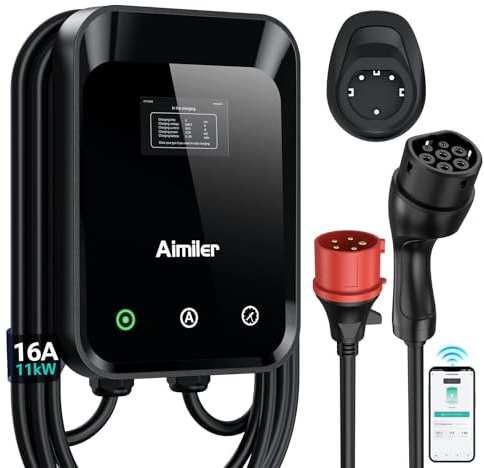 AIMILER Wallbox 11kW Trifásica con App,8-16A 400V Cargador Coche Eléctrico, Cable Tipo 2 7,6m, LCD 4.3, IP66, RCBO Tipo A 30mA+6mA DC, CE+TÜV, Temporizador y Salida Diferida, para VE (BEV/PHEV)