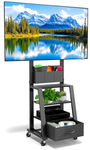 Rolling TV Stand with Drawer & 3-Tier Storage for 23-60 Inch Flat/Curved Screen up to 160lbs LCD/LED/OLED Adjustable Height Mobile TV Cart with Wheels for Home Office Outdoor Max VESA 400x400mm Black