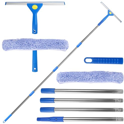 Limpiador de Ventanas con Mango Telescópico, Limpiacristales de Microfibra y Rasqueta de Silicona, Microfibra para Baño, Ducha, Cristal, Espejo, Coche