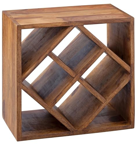 FineBuy Weinregal Massiv-Holz 40x40x25 cm klein stehend, Design Flaschenregal für die Küche, Standregal schmal für 8 Flaschen Braun