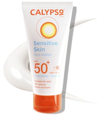 Calypso Sensitive Skin Face Sun Lotion | SPF 50+, Very High Protection, Hypoallergenic Sunscreen, Suitable for Kids, Water Resistant, 50ml