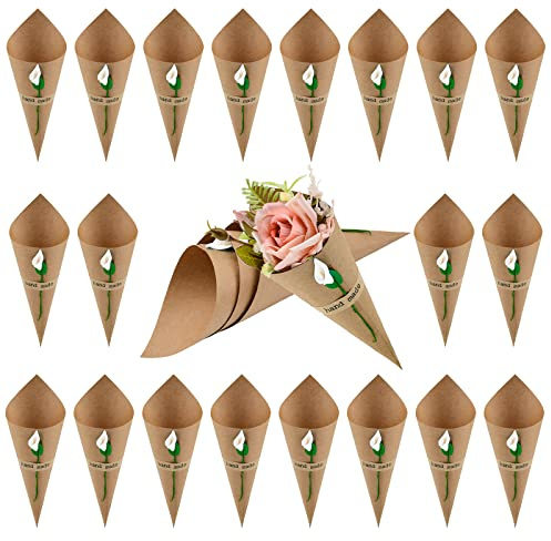 WANDIC Kraft Paper Cones, 50 Pcs Wedding Confetti Paper Cones Bouquet Petals Bags Boxes with White Horseshoe Flower Sticker for Wedding Party Gifts Packing