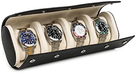Hiram Étui de Rangement en Cuir Véritable pour 4 Montres Fait à la Main en Cuir Saffiano Véritable, Étui Portable avec Coussins Amovibles (Noir)