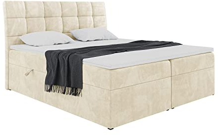 MEBLINI Boxspringbett mit Bettkasten - Gepolstert Doppelbett mit Matratze und Topper - Polsterbett mit Stauraum - Bett mit Kopfteil - Stauraumbett - Drago - 160x200 - H4/Beige Samt