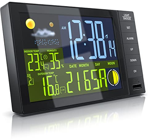 CSL - Wetterstation Funk mit Außensensor, Wetter Center Innen und Außentemperatur, mit Wettervorhersage, Luftfeuchte Hygrometer, inkl. DCF-Funkuhr und Datum, Schwarz