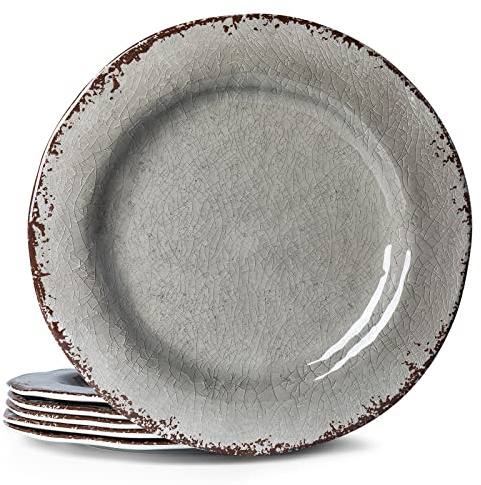 LEHAHA 6 Piece Crackle 11 Inch Melamine Dinner Plate, Set of 6, 100% Melamine Plates Set, Big Size Salad Plates, Unbreakable Serving Dishes Great for Indoor and Outdoor Use, Gray