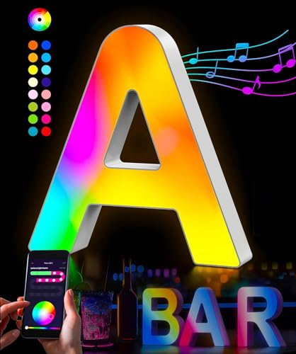 LED Buchstaben Lichter Alphabet – LED Brief Licht mit USB-Netzteil, APP-Kontrolle, Musik Sync, Dimmbar – für Geburtstag, Weihnachten, Hochzeit, Party, Valentinstag, Festival & Deko Wohnzimme, A